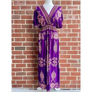 Purple V-Neck Boho Patterned Maxi Dress